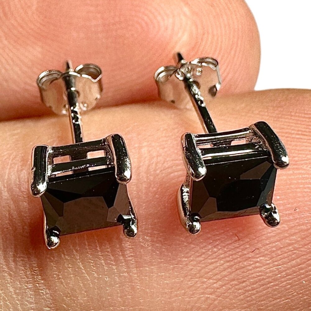 Black CZ Stud Earrings 5mm Square Princess Cut 925 Sterling Silver